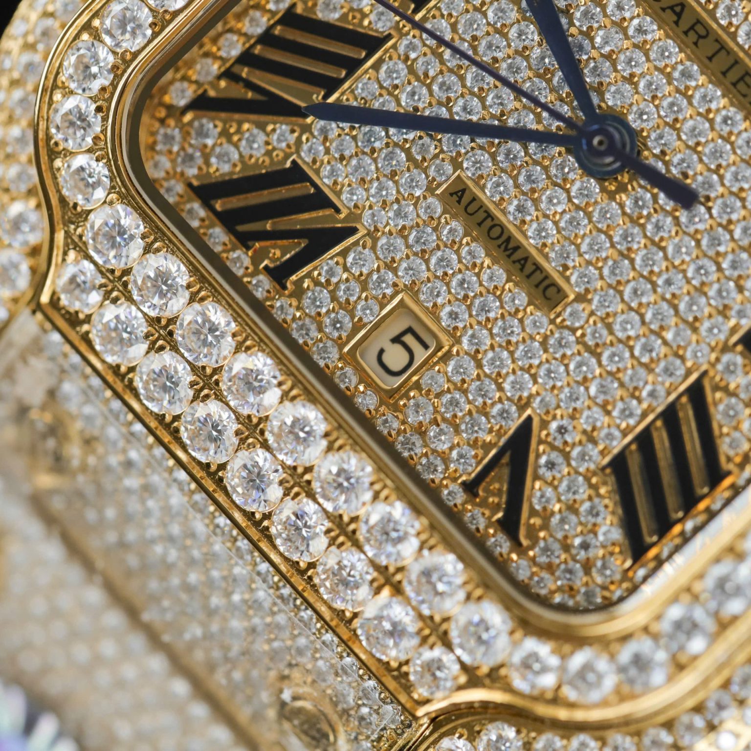Cartier Santos Yellow Full Moissanite Custom BVF 39.8mm Swiss 1:1 Grade Watch - Image 5