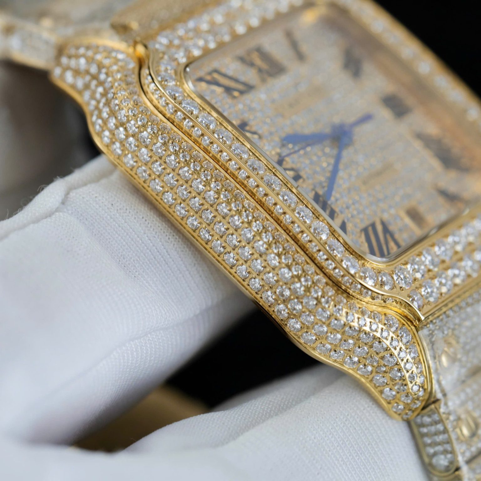 Cartier Santos Yellow Full Moissanite Custom BVF 39.8mm Swiss 1:1 Grade Watch - Image 6