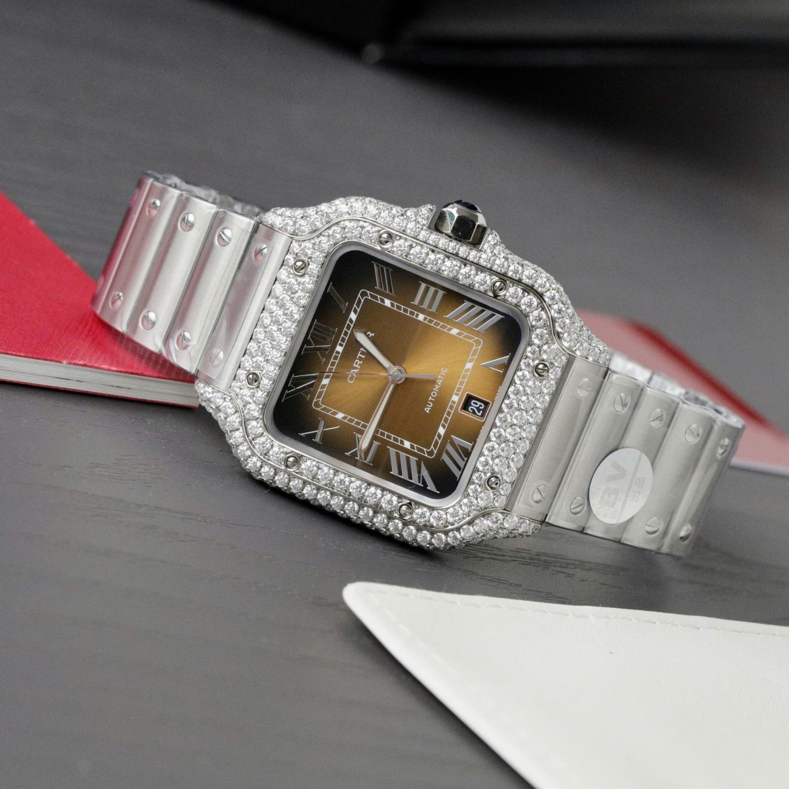Cartier Santos Brown Dial Custom Moissanite 39.8mm Swiss 1:1 Grade Watch - Image 2