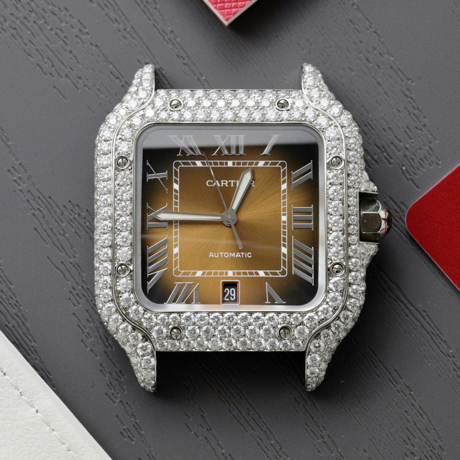 Cartier Santos Brown Dial Custom Moissanite 39.8mm Swiss 1:1 Grade Watch - Image 3