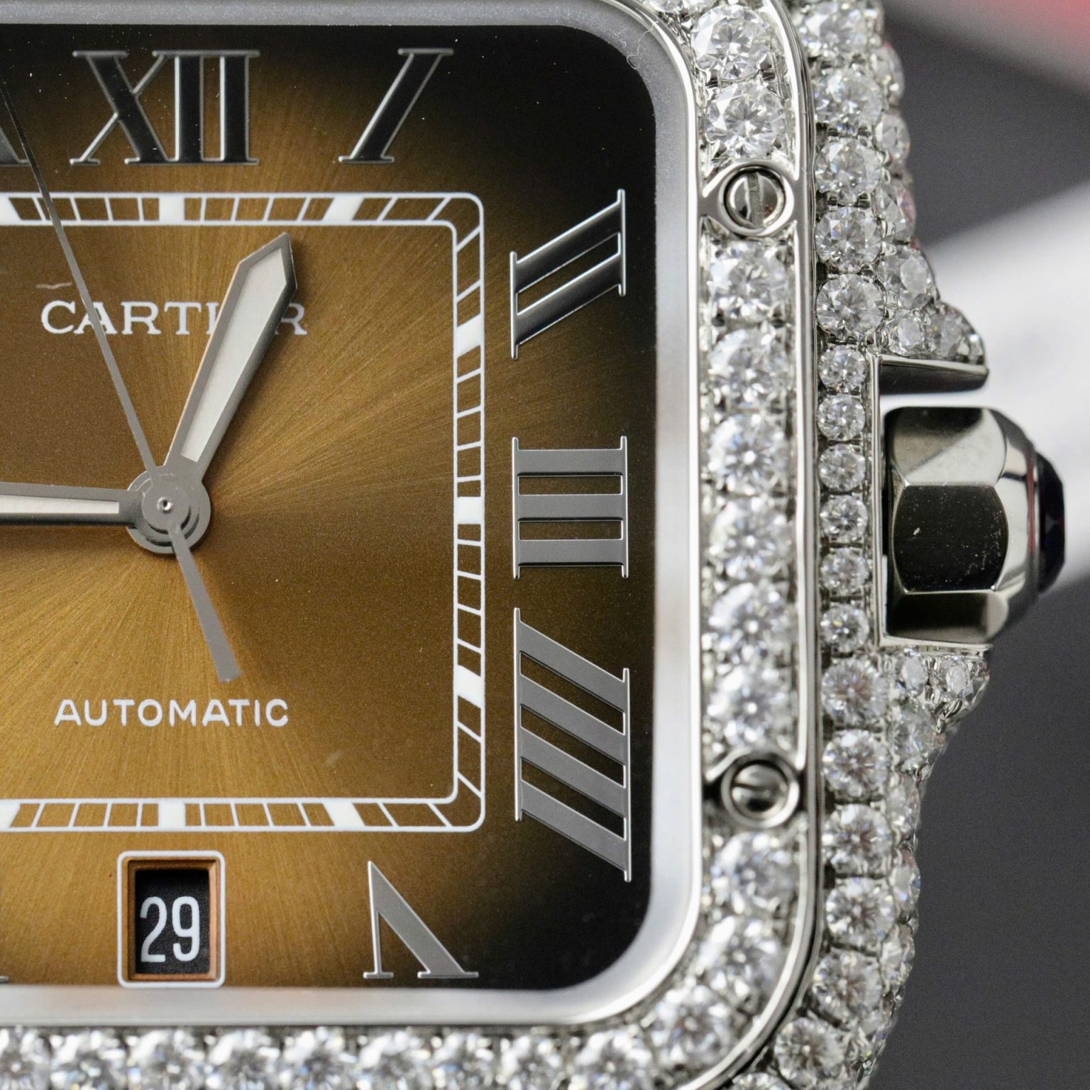 Cartier Santos Brown Dial Custom Moissanite 39.8mm Swiss 1:1 Grade Watch - Image 4