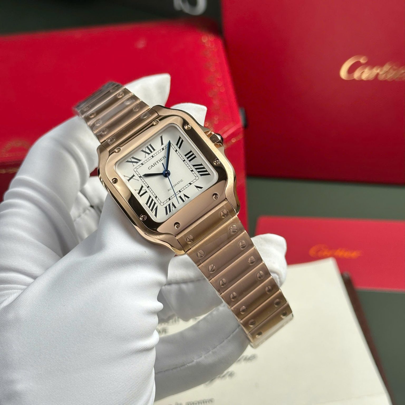 Cartier Santos Unisex White Dial 35.2mm Swiss 1:1 Grade Watch with Extra Leather Strap - Image 2