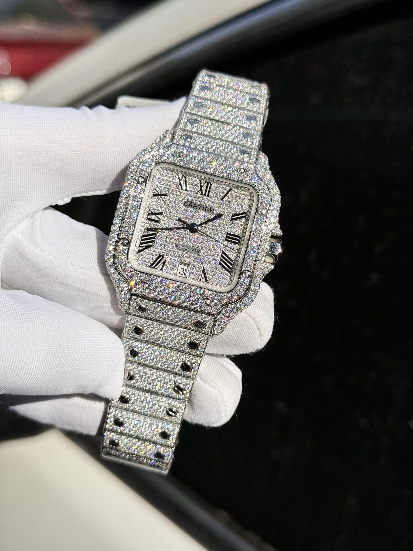 Cartier Santos Full Diamond Moissanite 39.8mm Swiss 1:1 Grade Watch - Image 3