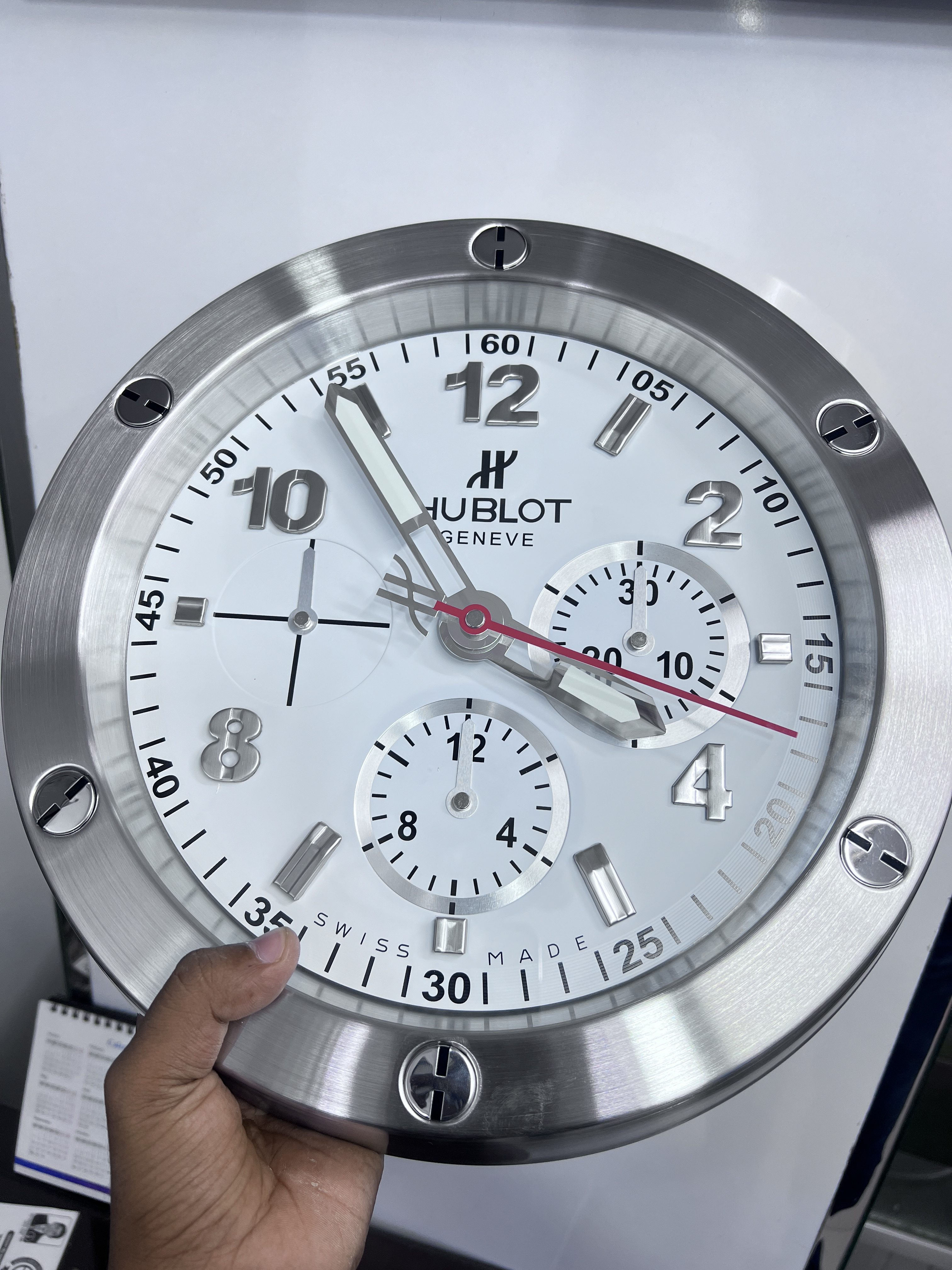 HUBLOT BIG BANG STYLE DEALER WALL CLOCK (SILVER BEZEL & WHITE DIAL) - Image 2
