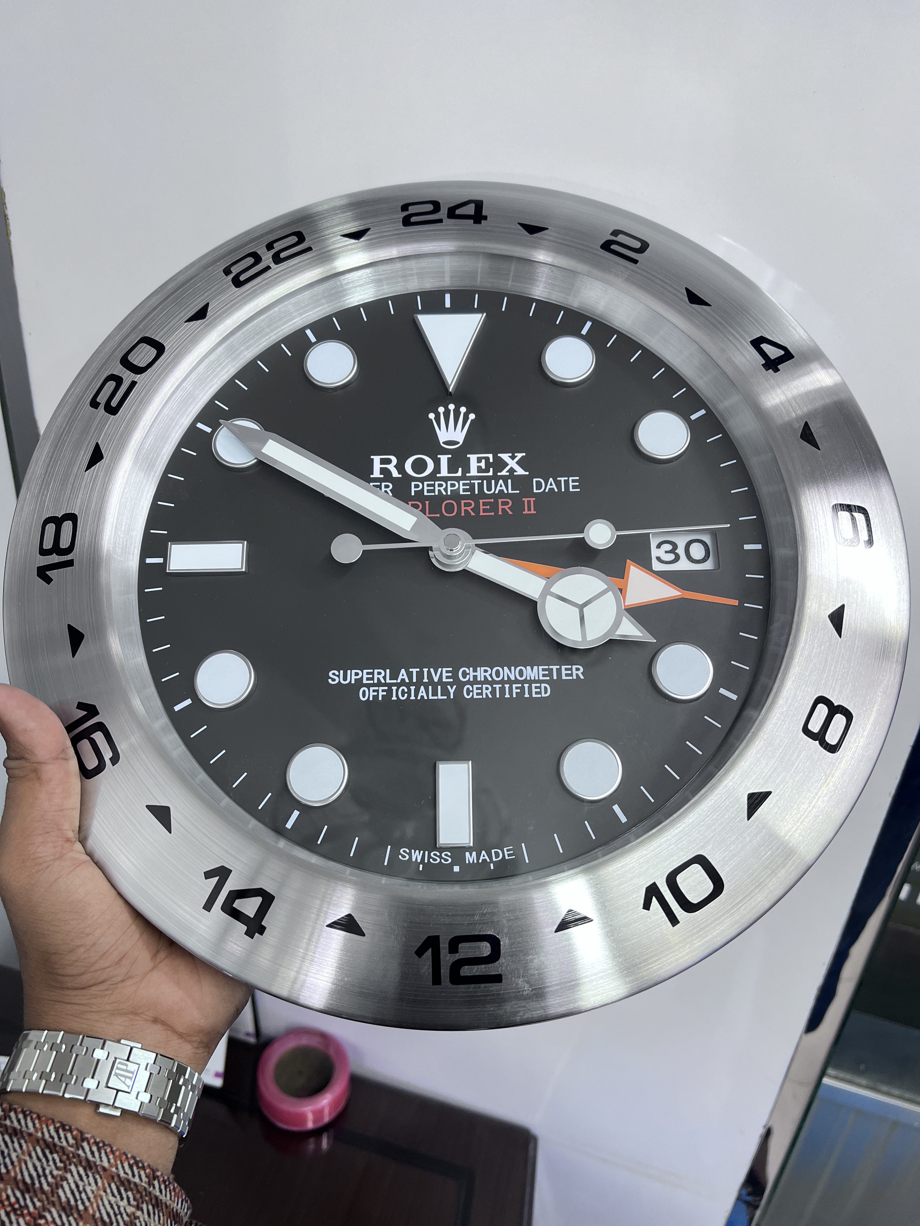 ROLEX EXPLORER II STYLE DEALER WALL CLOCK (BLACK DIAL & STAINLESS STEEL ...