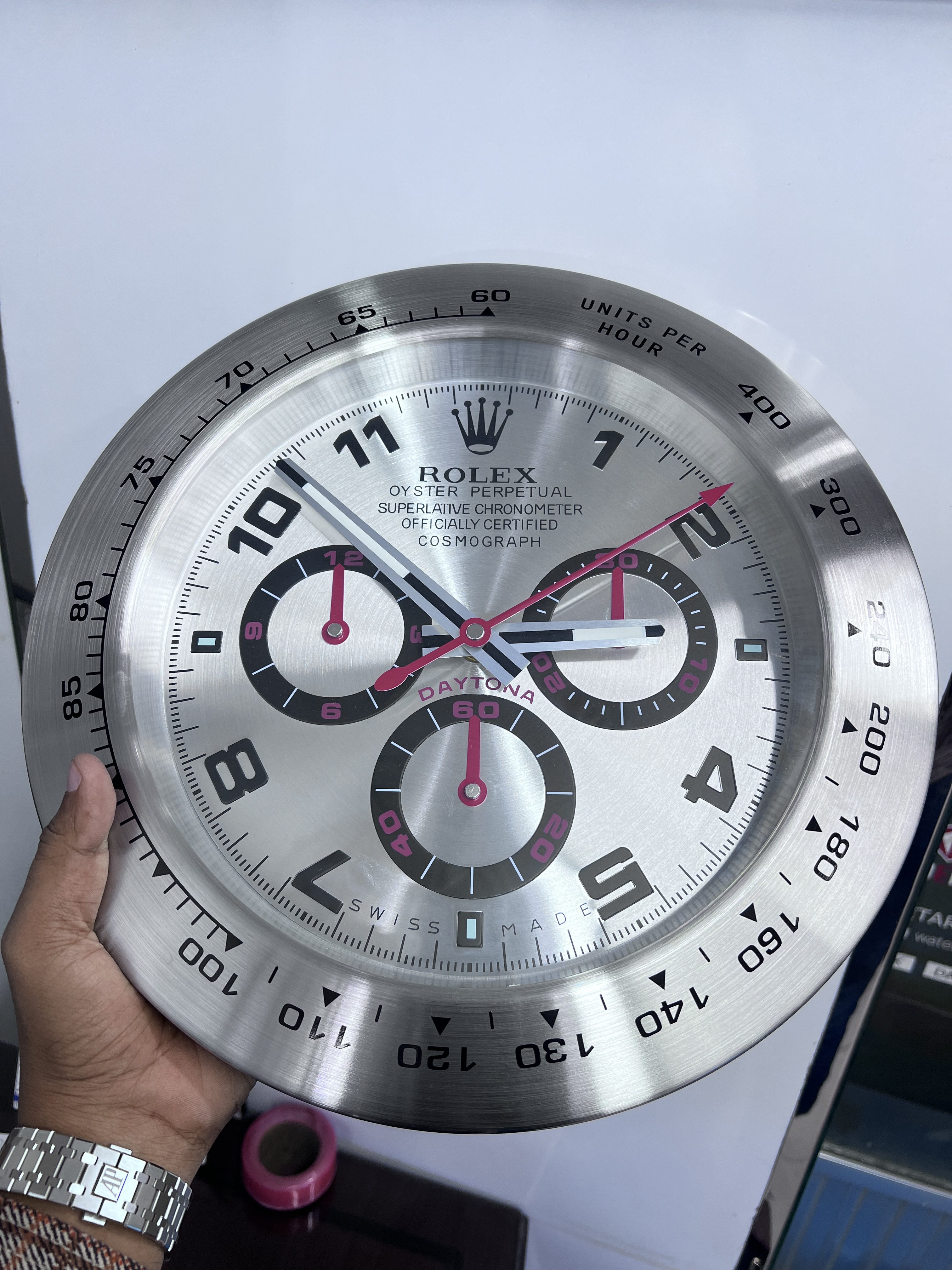 ROLEX DAYTONA STYLE DEALER WALL CLOCK (STAINLESS STEEL CASE & WHITE DIAL) - Image 2