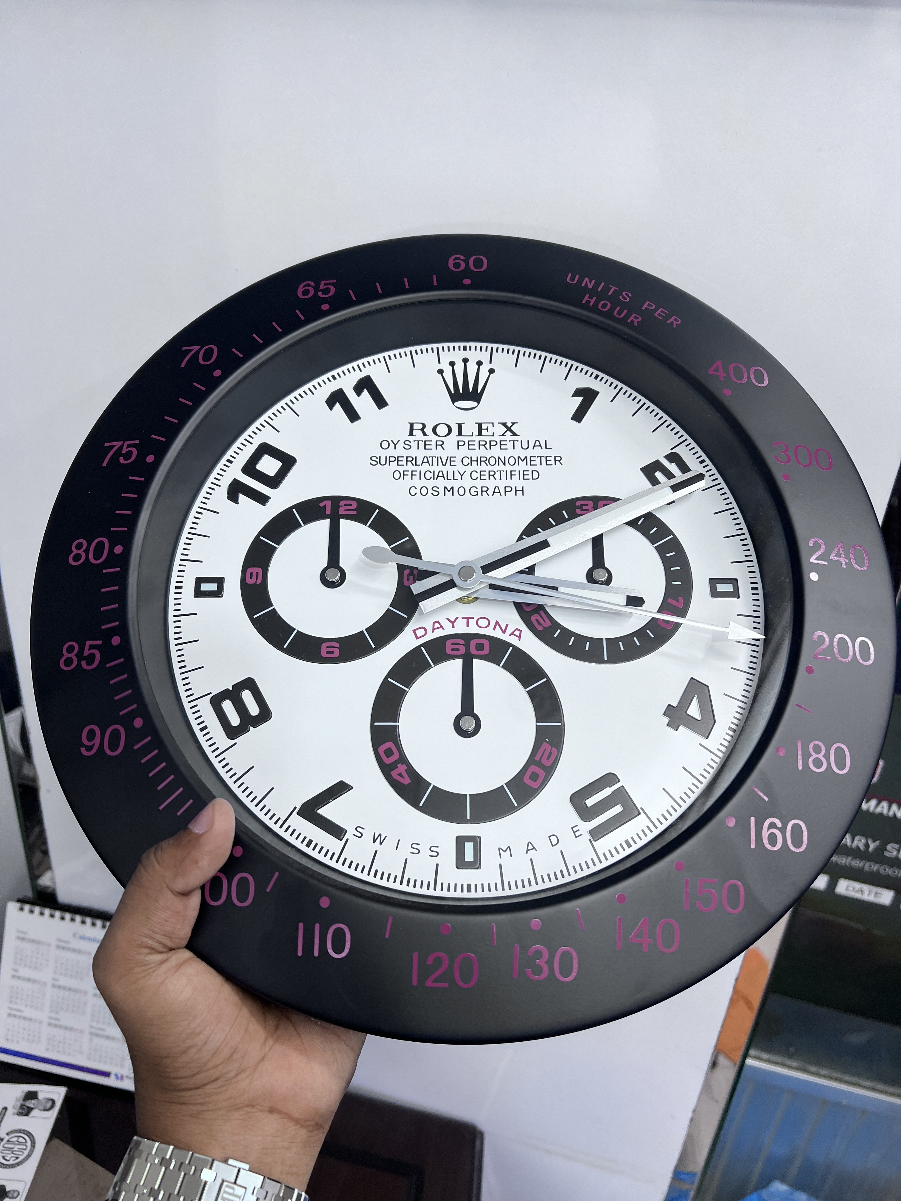 ROLEX DAYTONA STYLE DEALER WALL CLOCK (BLACK METALLIC BODY & GLOW-IN-THE-DARK HANDS) - Image 2