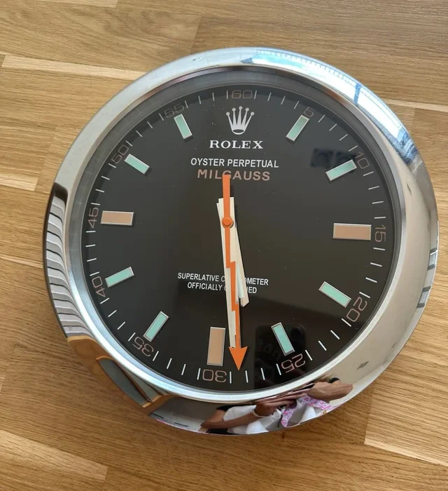 DEALER DISPLAY WALL CLOCK – OYSTER PERPETUAL MILGAUSS STYLE (SILVER, ORANGE & BLACK)