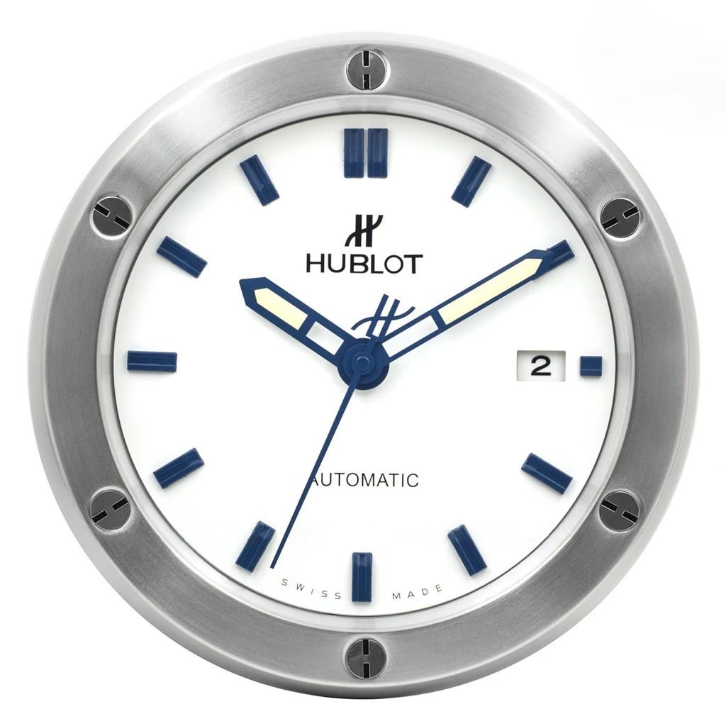 HUBLOT CLASSIC FUSION STYLE DEALER WALL CLOCK (SILVER BODY & WHITE DIAL WITH BLUE MARKERS)