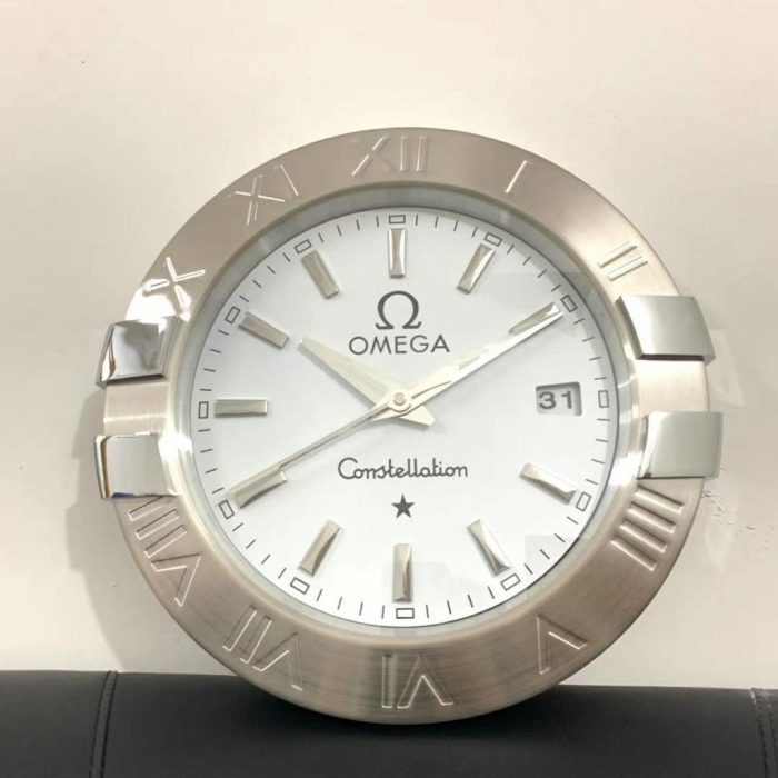 OMEGA CONSTELLATION STYLE DEALER WALL CLOCK (WHITE DIAL & BRUSHED METAL BEZEL)