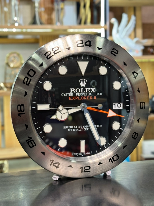 ROLEX EXPLORER II STYLE DEALER WALL CLOCK (BLACK DIAL & STAINLESS STEEL 24-HOUR BEZEL)