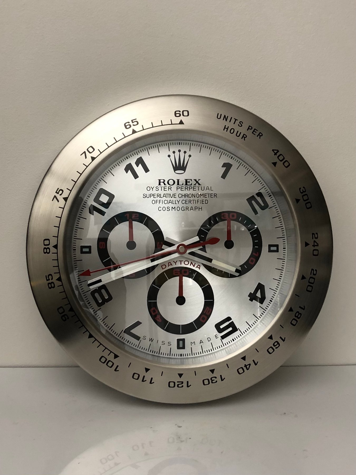 ROLEX DAYTONA STYLE DEALER WALL CLOCK (STAINLESS STEEL CASE & WHITE DIAL)