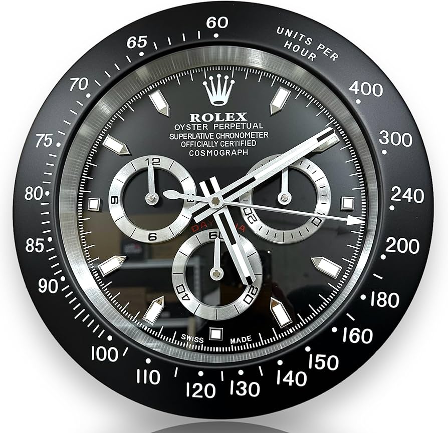 ROLEX DAYTONA STYLE DEALER WALL CLOCK (BLACK DIAL WITH SILVER-TONED MARKINGS) - Image 2