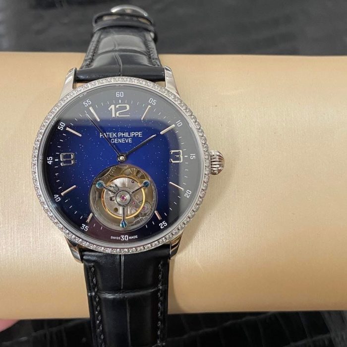 Patek Philippe Customized Replica Tourbillon Watch – Diamond Bezel, Blue Aventurine Dial