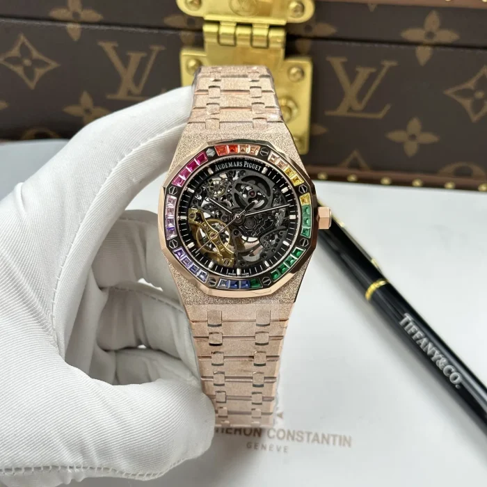 Audemars Piguet Royal Oak Openworked Frosted Automatic Watch – Swiss 1:1 Grade | Rose Gold Case | Skeleton Dial | Baguette Stone Bezel | 41mm