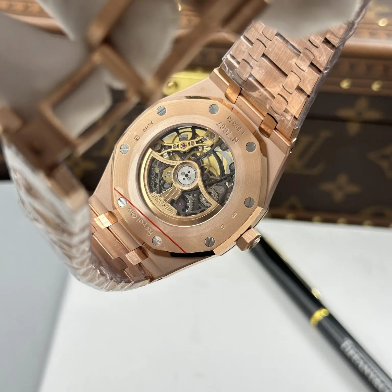 Audemars Piguet Royal Oak Openworked Frosted Automatic Watch – Swiss 1:1 Grade | Rose Gold Case | Skeleton Dial | Baguette Stone Bezel | 41mm - Image 9