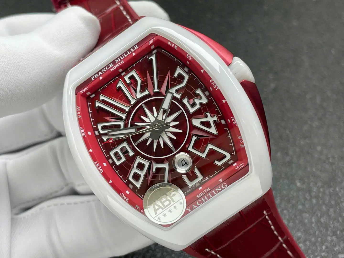 Franck Muller Vanguard V45 Tourbillon Watch – Swiss 1:1 Grade | Red Dial | White Ceramic Case | 45mm | Rubber + Fabric Strap - Image 3