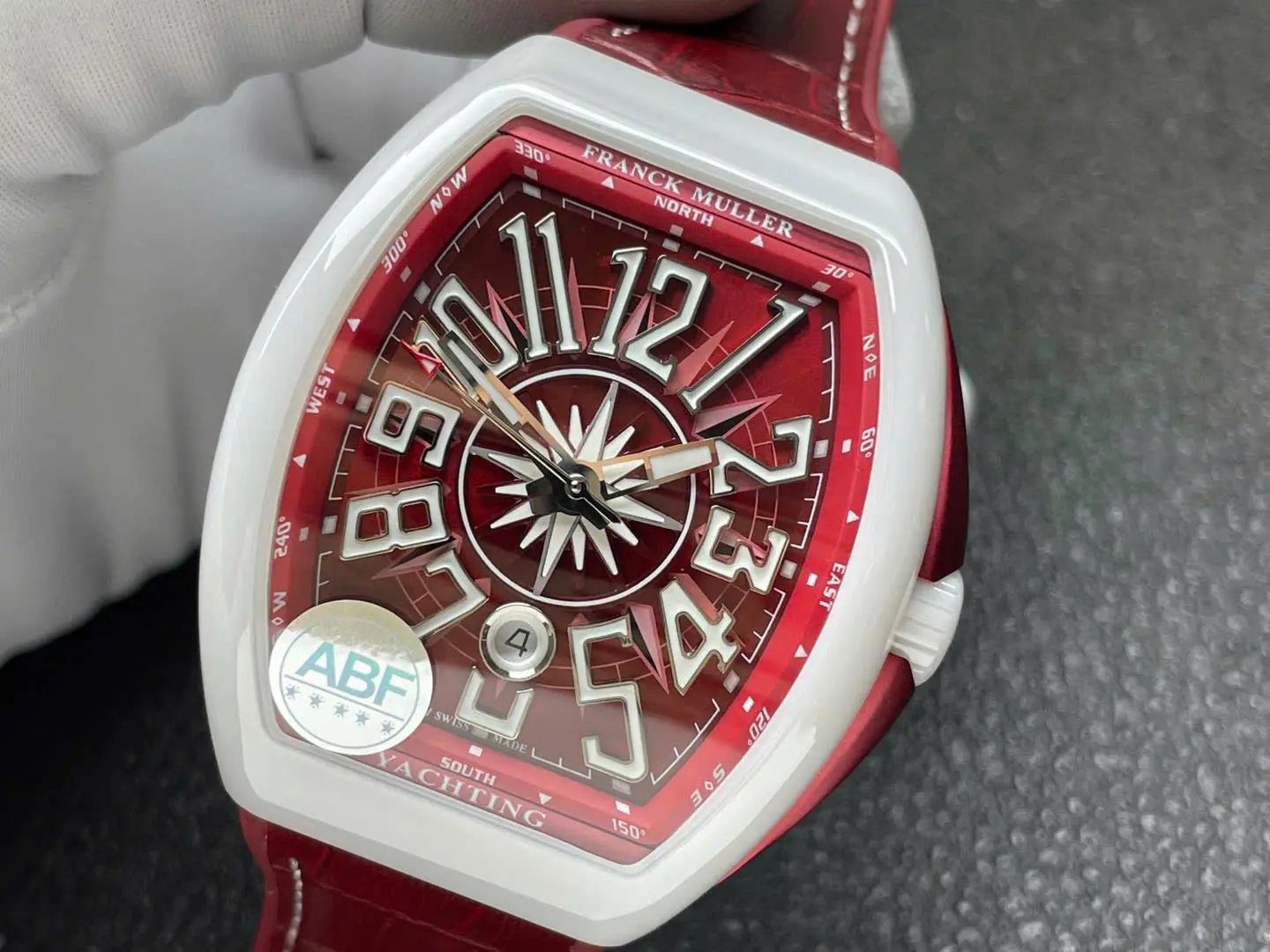 Franck Muller Vanguard V45 Tourbillon Watch – Swiss 1:1 Grade | Red Dial | White Ceramic Case | 45mm | Rubber + Fabric Strap - Image 4