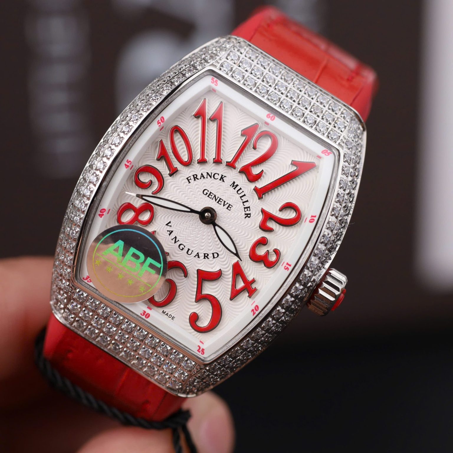 Franck Muller V32 Quartz Watch – Swiss 1:1 Grade | Red Dial | Full Stone | 36mm | Leather + Rubber Strap - Image 2