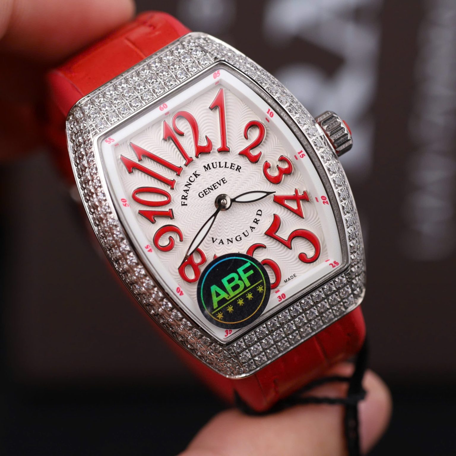 Franck Muller V32 Quartz Watch – Swiss 1:1 Grade | Red Dial | Full Stone | 36mm | Leather + Rubber Strap - Image 3