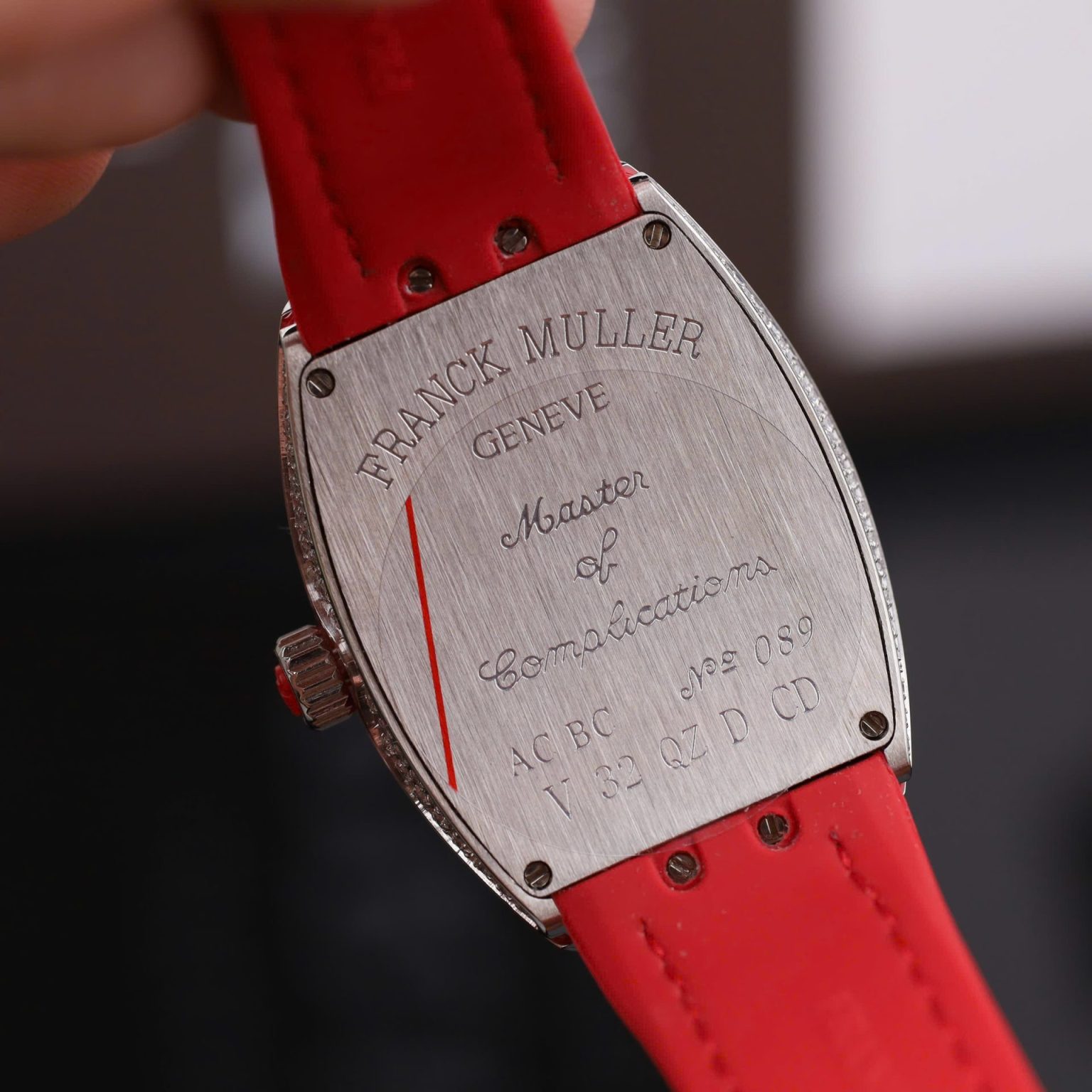 Franck Muller V32 Quartz Watch – Swiss 1:1 Grade | Red Dial | Full Stone | 36mm | Leather + Rubber Strap - Image 8