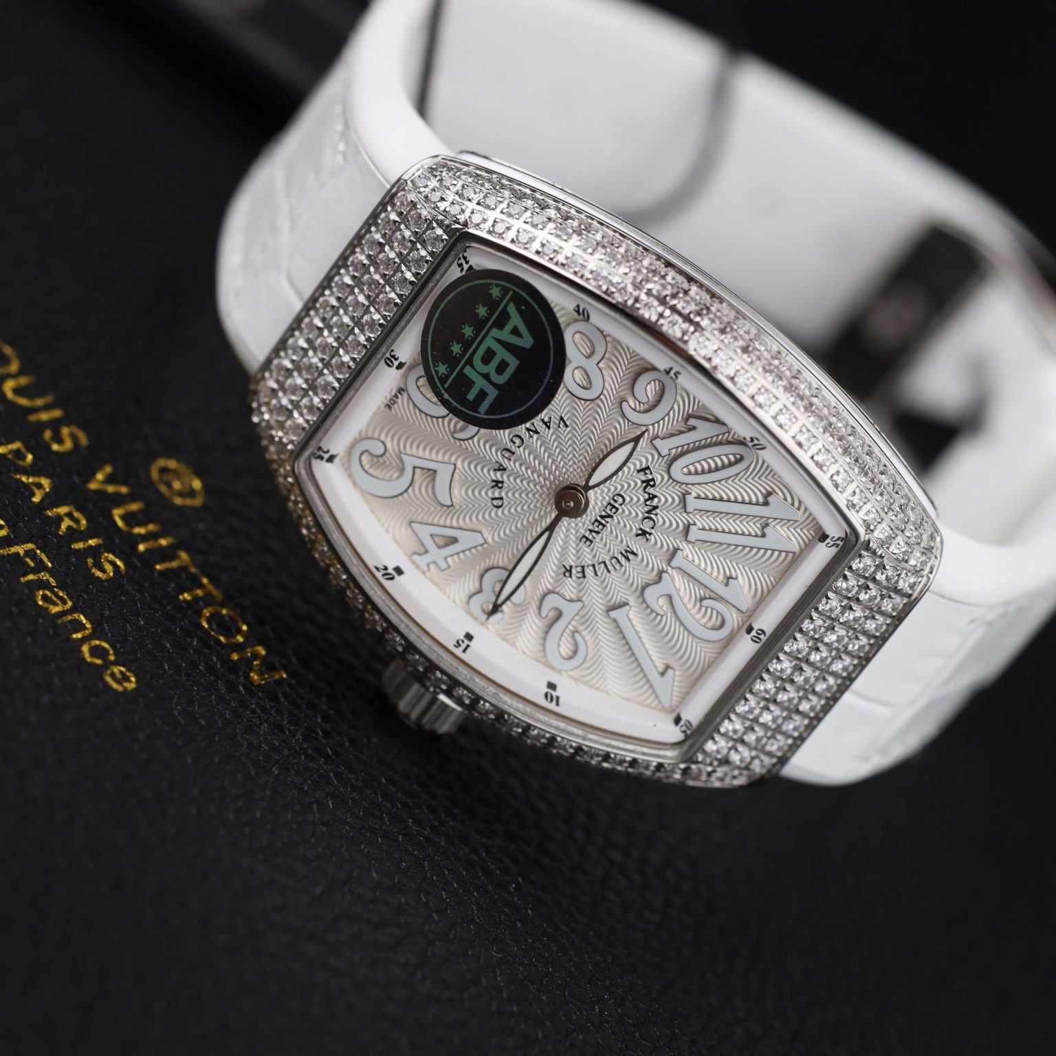Franck Muller V32 Quartz Watch – Swiss 1:1 Grade | White Dial | Full Stone | 36mm | Leather + Rubber Strap - Image 7