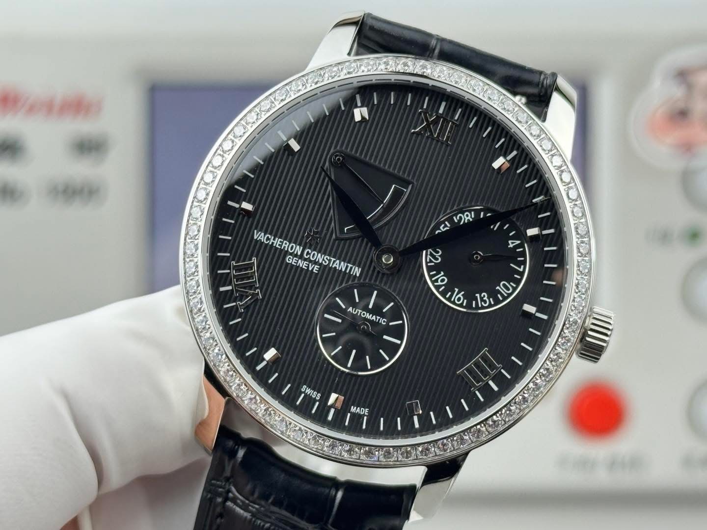 Vacheron Constantin Patrimony Power Reserve – Swiss 1:1 Grade | Full Black Dial | Stone Bezel | - Image 5