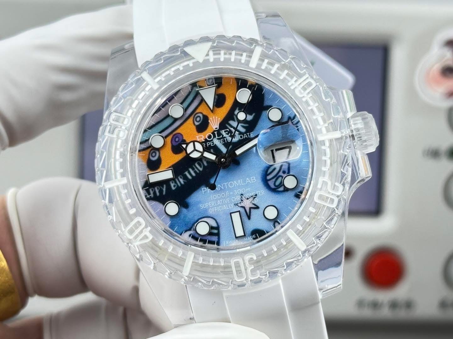 Phantomlab Customized Rolex Submariner Watch – Swiss 1:1 Grade | Transparent Sapphire Case | White Rubber Strap - Image 3