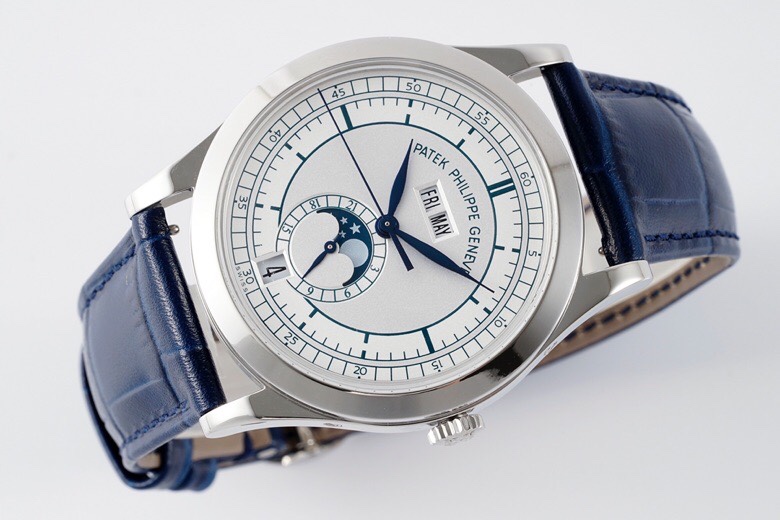 Patek Philippe Complications Annual Calendar 5396 – 1:1 Grade Watch | Silvered Dial | Blue Leather Strap - Image 6