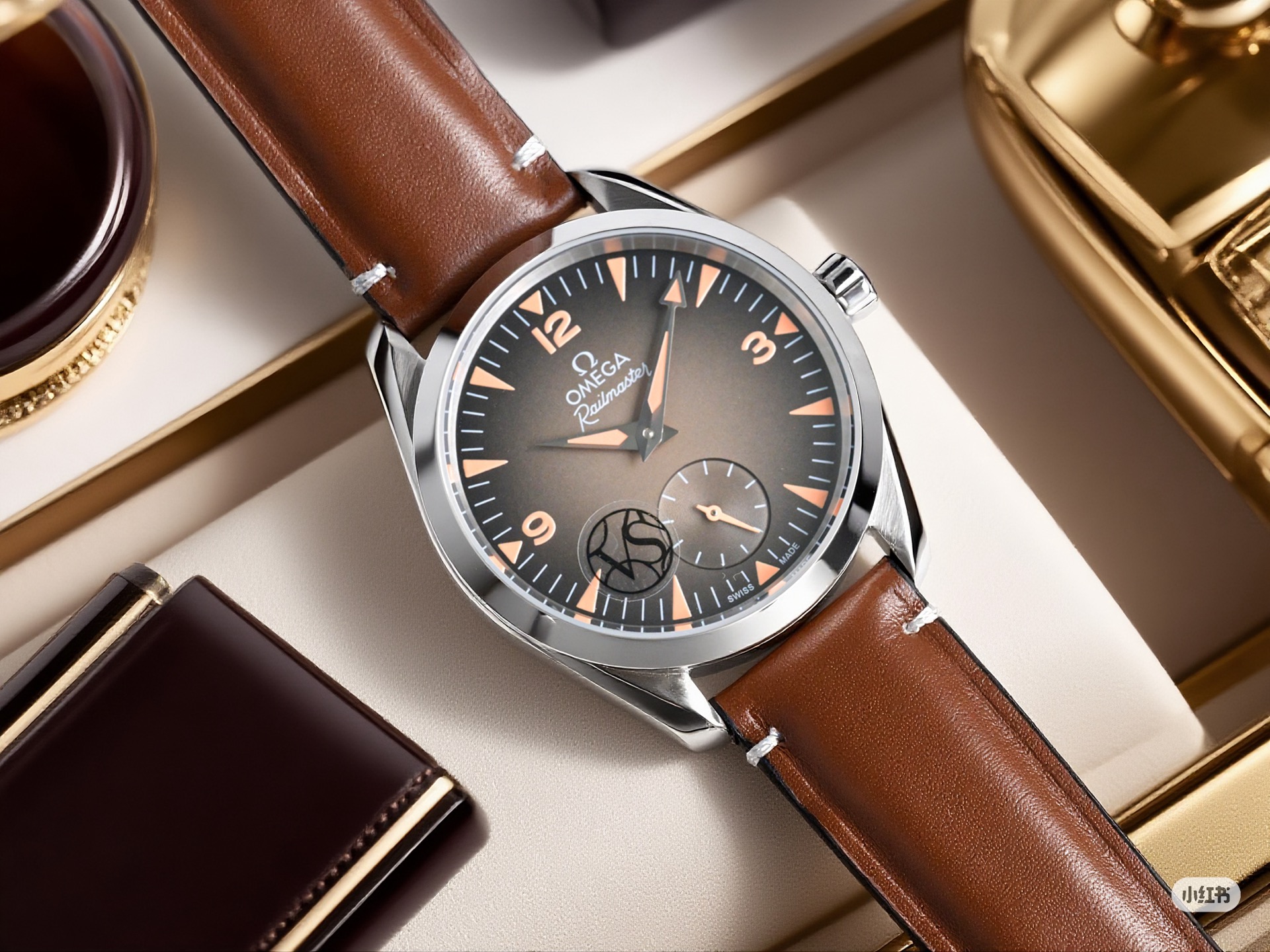 Omega Seamaster Railmaster – 1:1 Grade Watch | Beige Gradient Dial | Golden Brown Leather Strap - Image 3