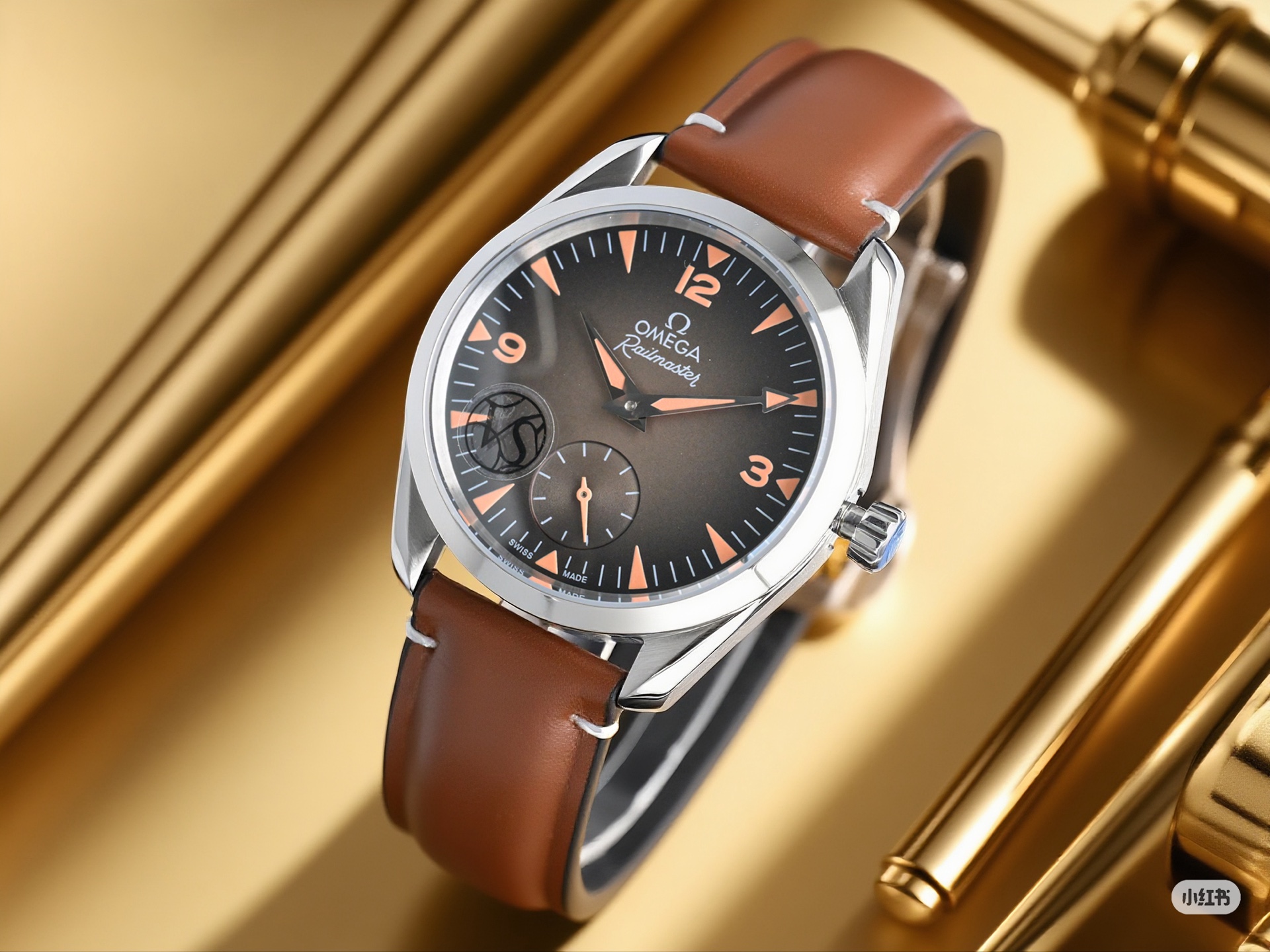 Omega Seamaster Railmaster – 1:1 Grade Watch | Beige Gradient Dial | Golden Brown Leather Strap - Image 8