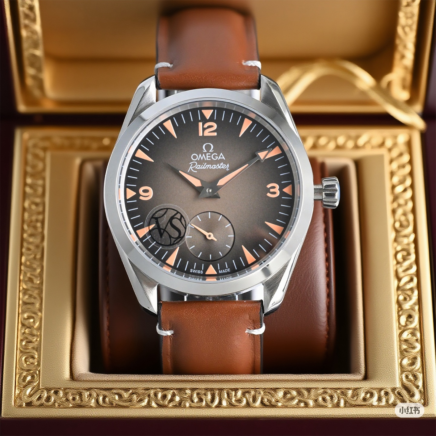 Omega Seamaster Railmaster – 1:1 Grade Watch | Beige Gradient Dial | Golden Brown Leather Strap - Image 6