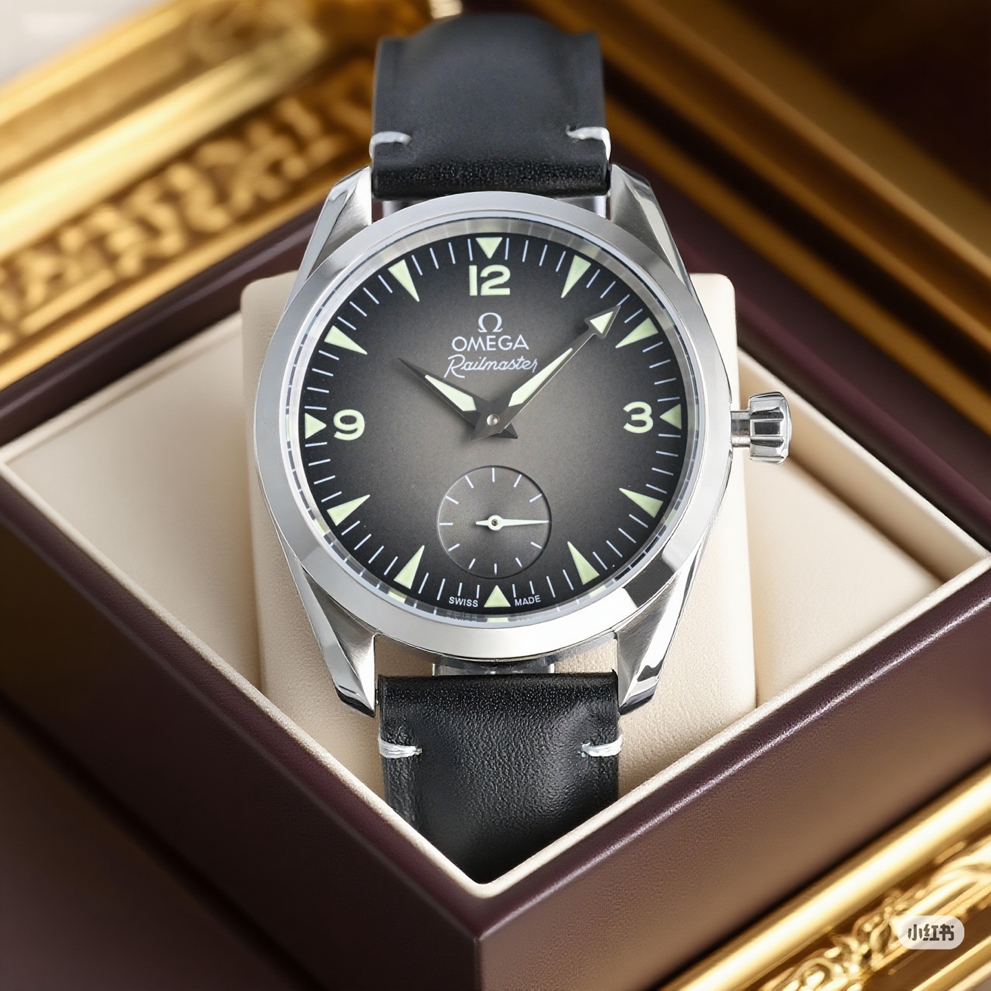 Omega Railmaster Small Seconds – 1:1 Grade Watch | Dark Grey Gradient Dial | Black Leather Strap