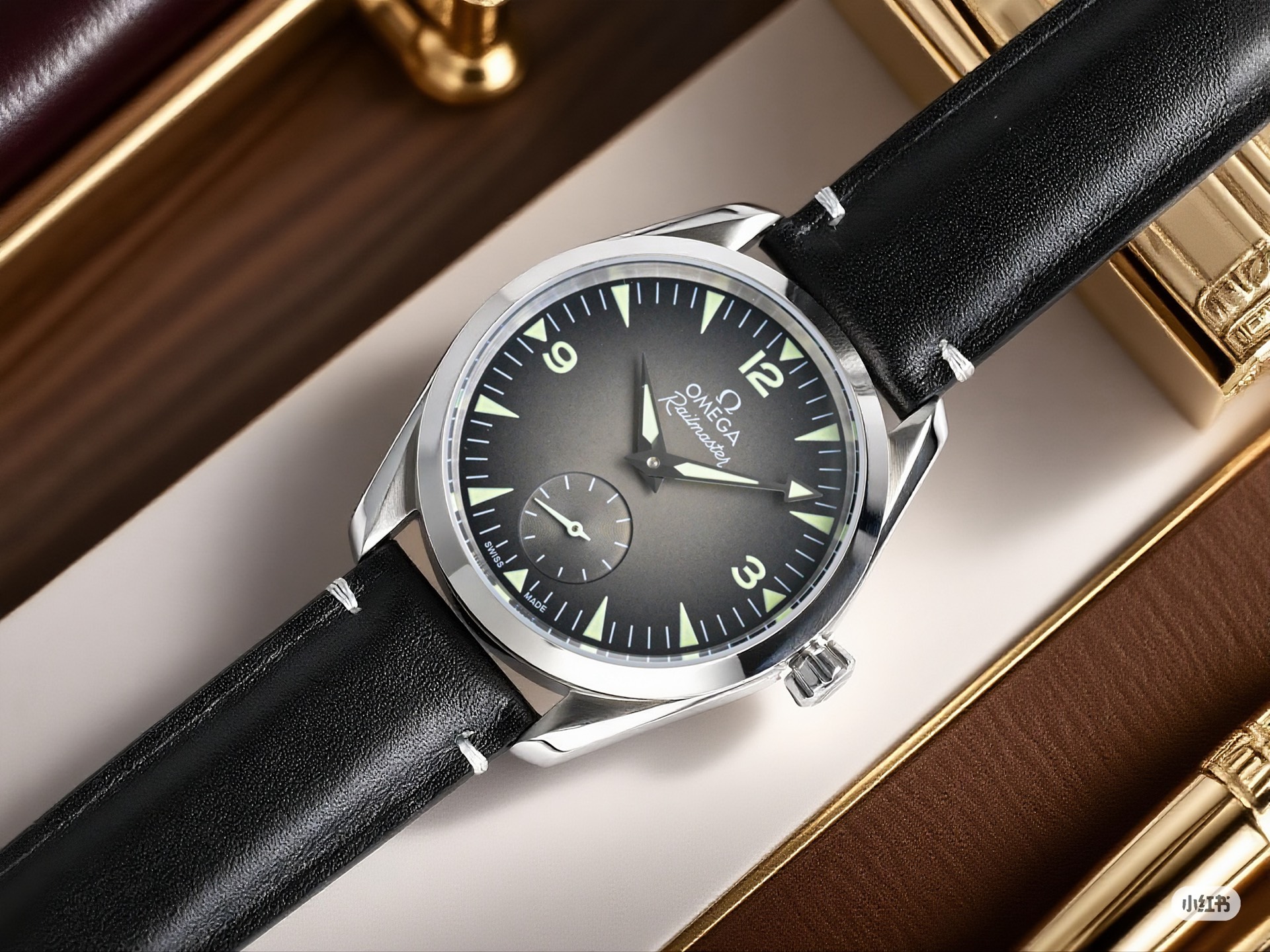 Omega Railmaster Small Seconds – 1:1 Grade Watch | Dark Grey Gradient Dial | Black Leather Strap - Image 4