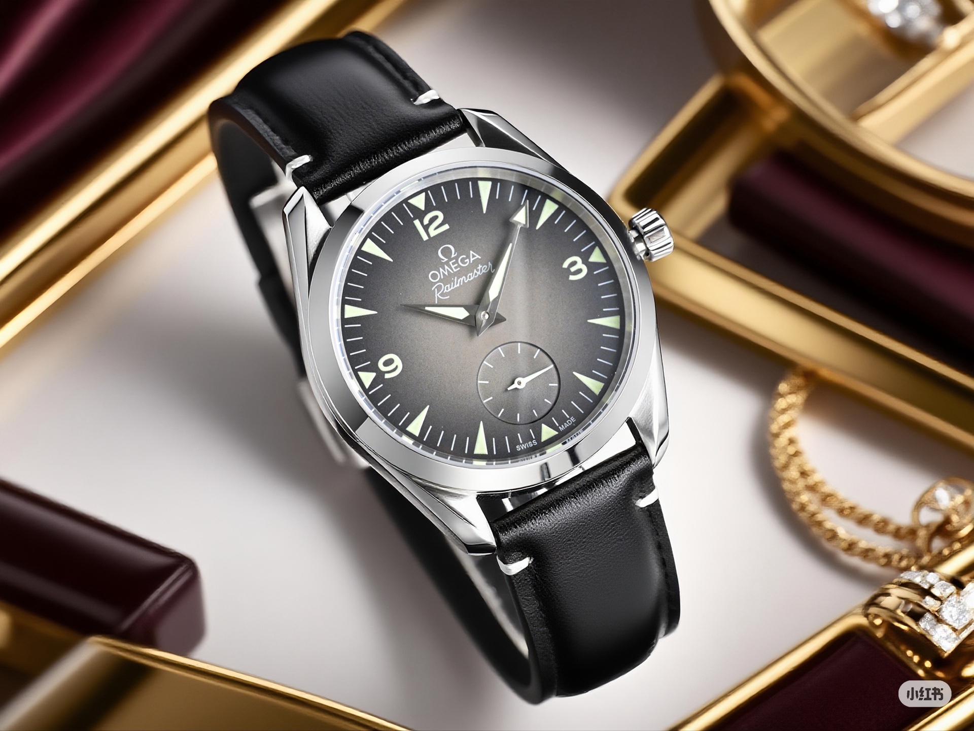Omega Railmaster Small Seconds – 1:1 Grade Watch | Dark Grey Gradient Dial | Black Leather Strap - Image 7