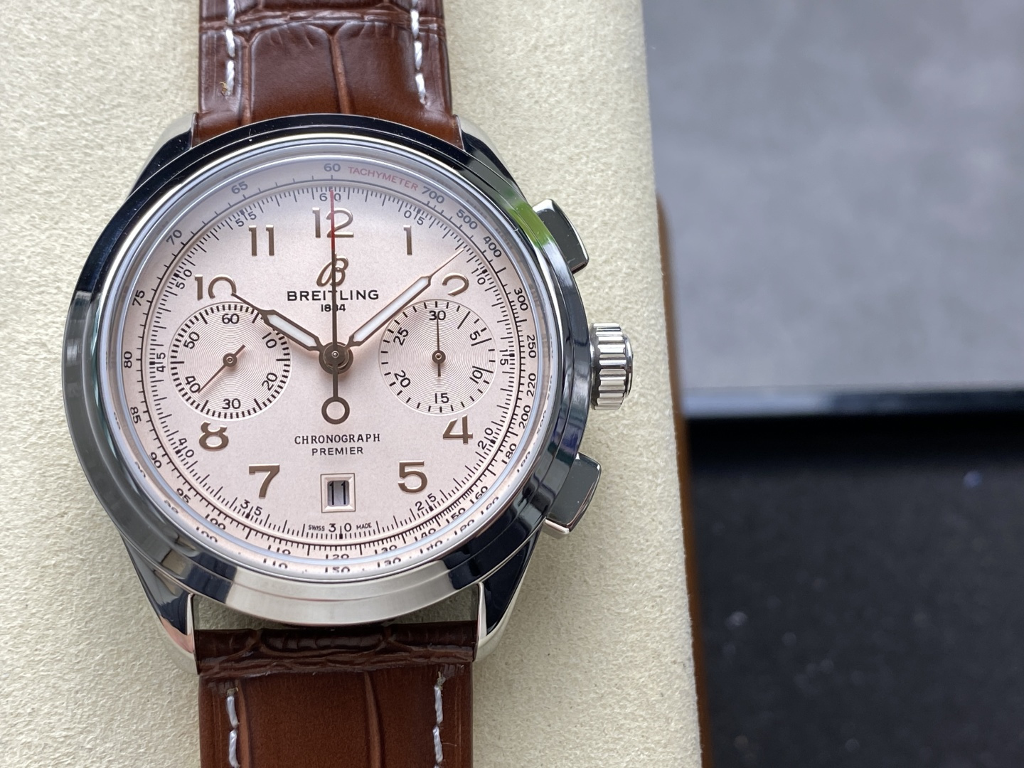 Breitling Premier B01 Chronograph 42 – 1:1 Grade Watch | Cream/Beige Dial | Brown Leather Strap