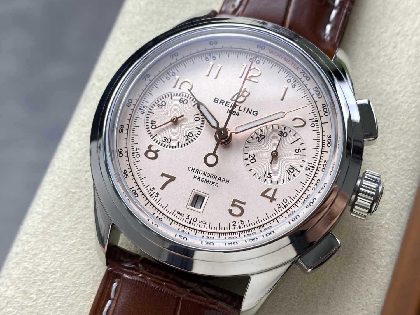 Breitling Premier B01 Chronograph 42 – 1:1 Grade Watch | Cream/Beige Dial | Brown Leather Strap - Image 3