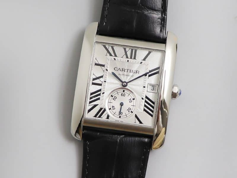 Cartier Tank MC Large – 1:1 Grade Watch | Silver Guilloché Dial | Black Leather Strap