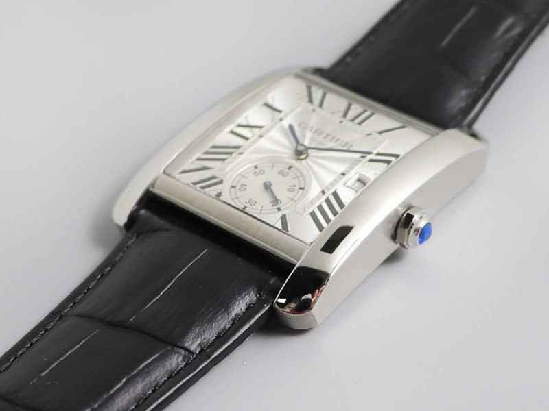 Cartier Tank MC Large – 1:1 Grade Watch | Silver Guilloché Dial | Black Leather Strap - Image 4