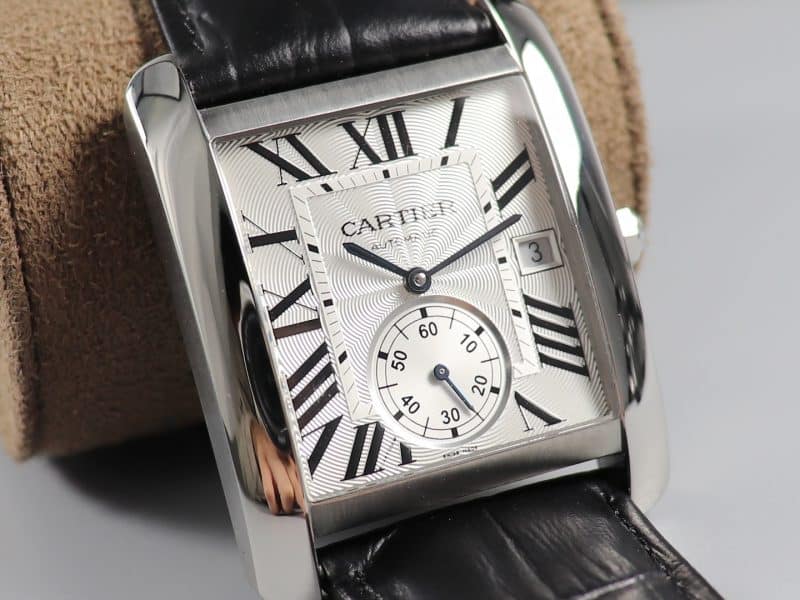 Cartier Tank MC Large – 1:1 Grade Watch | Silver Guilloché Dial | Black Leather Strap - Image 3