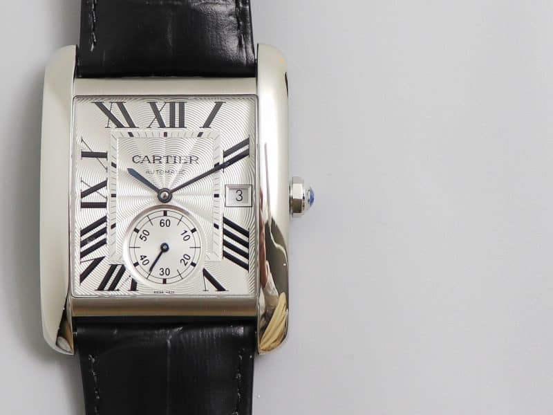 Cartier Tank MC Large – 1:1 Grade Watch | Silver Guilloché Dial | Black Leather Strap - Image 2