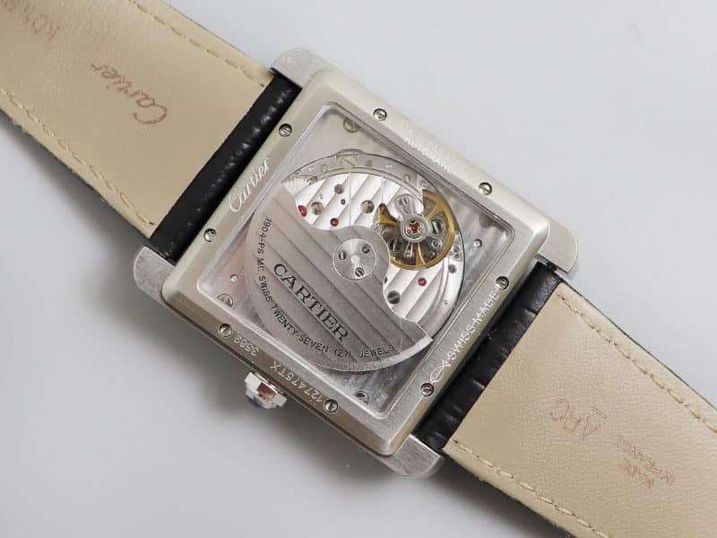 Cartier Tank MC Large – 1:1 Grade Watch | Silver Guilloché Dial | Black Leather Strap - Image 5