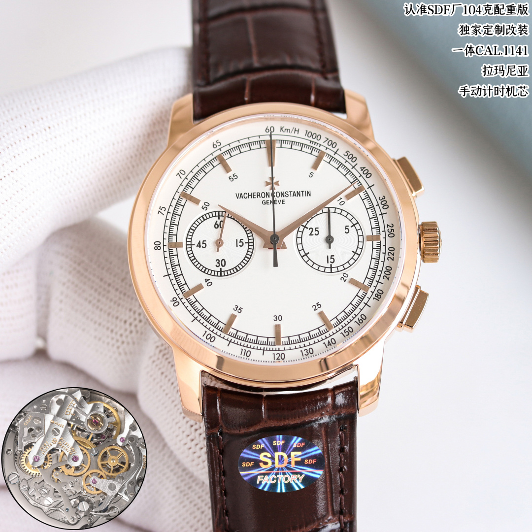 Vacheron Constantin Traditionnelle Chronograph – 1:1 Grade Watch | Silver Dial | Brown Leather Strap