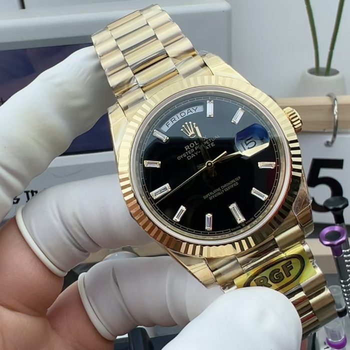 Rolex Day-Date 40 Yellow Gold Black Baguette Diamond Dial Swiss 1:1 Grade Watch